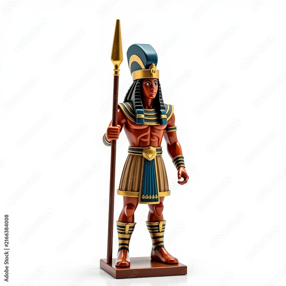 Fototapeta premium Egyptian pharaoh guard toy soldier with ornate headdress, gold breastplate, spear, and kilt on white background