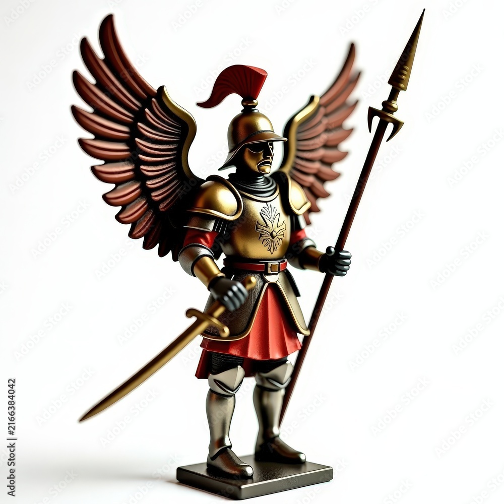 Fototapeta premium Polish winged hussar toy soldier with ornate armor, feathered wings, sabre, and lance on white background