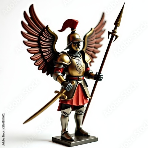 Polish winged hussar toy soldier with ornate armor, feathered wings, sabre, and lance on white background