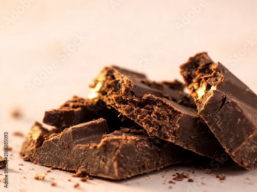 Broken Chocolate Chunks With Rough Edges On Clean Pastel Studio Background For Dessert