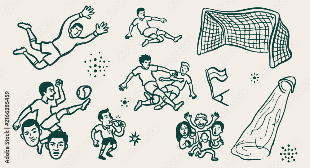 Fototapeta premium soccer football sport match pattern, active athletic game doodle sketch, stadium team sport illustration, competitive sport vector background, athletic tournament design, hand drawn soccer symbols, re
