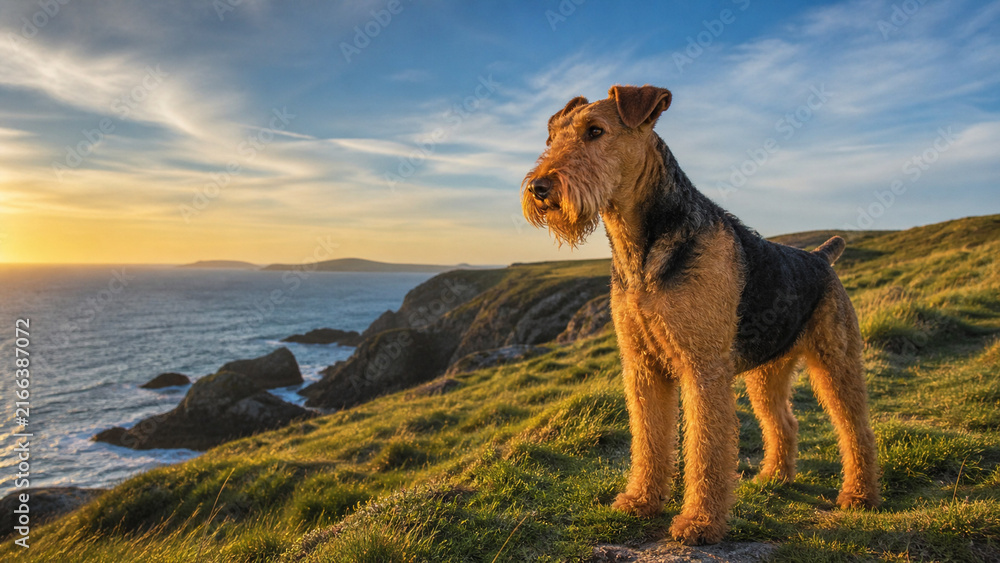 Naklejka premium A dog stands on a grassy cliff at sunset, a terrier gazing toward the sea with calm, rugged poise. A moment of solitude in nature and coastal landscape.