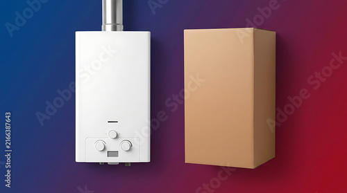 Tapety artystyczne Modern white gas water heater and cardboard shipping box on blue red gradient background