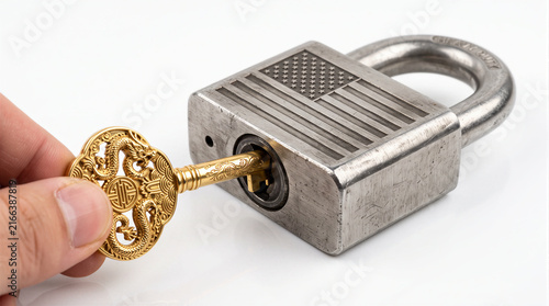 Ornate golden dragon key unlocking a padlock engraved with the USA flag, conceptual image representing China gaining control, geopolitical power shift, and opening American markets.