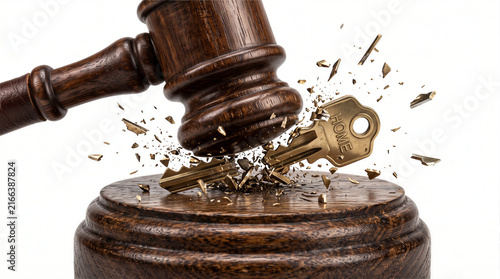 Wooden judge gavel smashing a golden house key with 'HOME' text, conceptual image representing foreclosure, eviction, mortgage default, loss of property, and legal housing disputes.