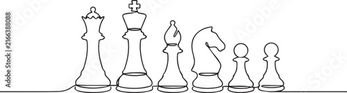 Continuous single line drawing of a set of chess pieces standing in a row on a white background