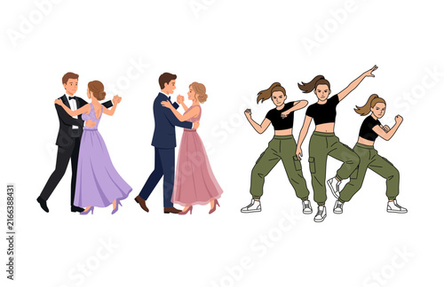 Set of cartoon vector illustrations featuring couples dancing ballroom and a group of girls hip hop dancing