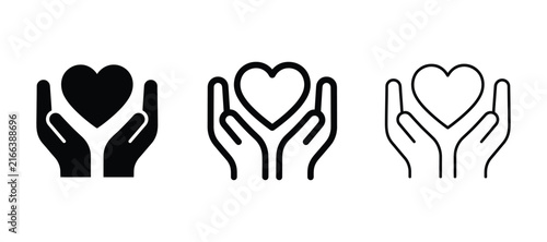 Set of hands holding a heart icon care, love and charity symbol linear and solid style vector icons