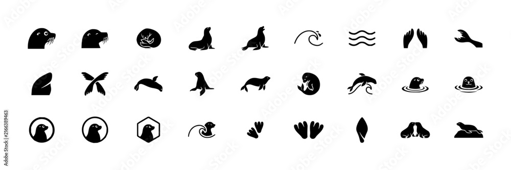 Fototapeta premium Seal icons set with harbor seal sea lion featuring head, flipper, wave, silhouette with aquatic animal and marine life