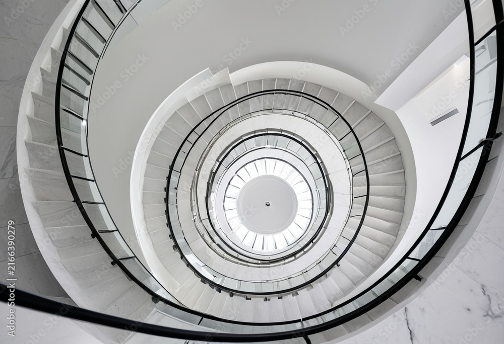 Fototapeta premium Modern white spiral staircase interior design with bright natural light