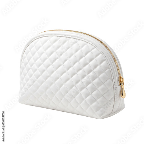 Elegant white quilted makeup cosmetic bag with luxury golden zipper hardware displaying a stylish fashion accessory design on transparent background