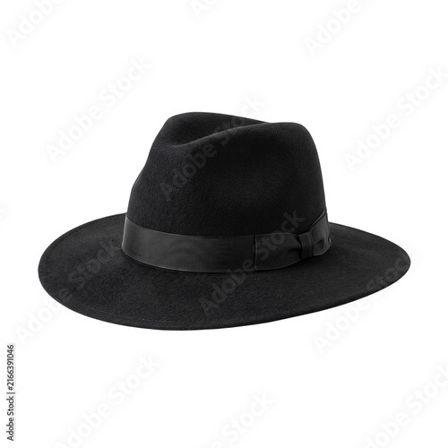 Elegant black felt fedora hat featuring a classic ribbon band design displayed as a stylish fashion accessory on transparent background