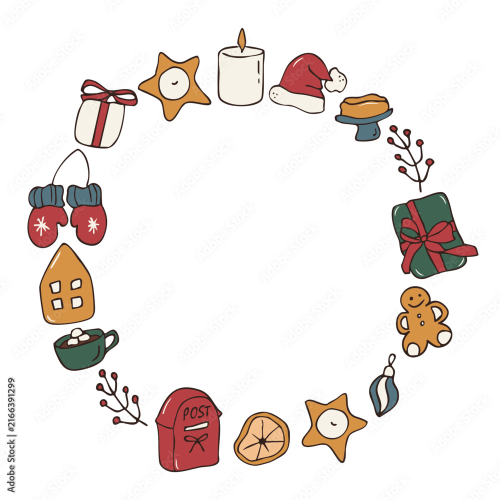 Fototapeta premium Hand drawn colorful Christmas wreath frame template vector doodle illustration