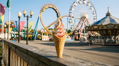 Double scoop ice cream cone with swirled vanilla and strawberry at amusement park with rides in background photography