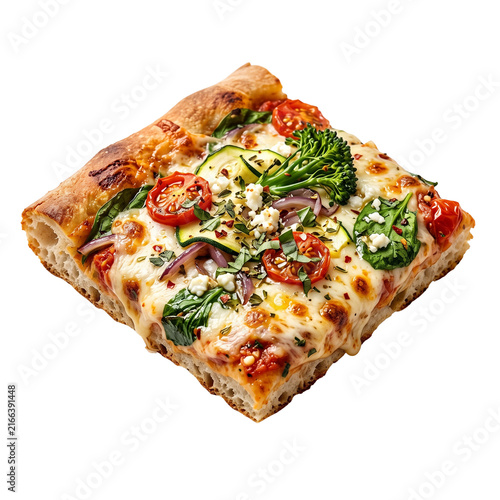 Delicious square slice of vegetable pizza featuring fresh cherry tomatoes zucchini broccoli and melted mozzarella cheese presented on transparent background