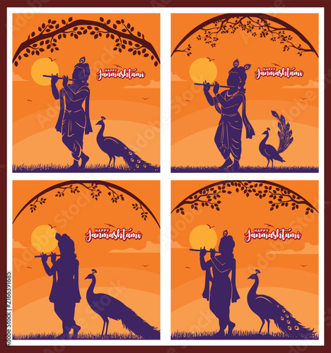 Set of Lord Krishna playing flute with peacock silhouette for Janmashtami festival celebration poster.