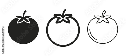 Set of tomato icons, flat black silhouette and outline style, simple vegetable symbols for food design, vector illustration