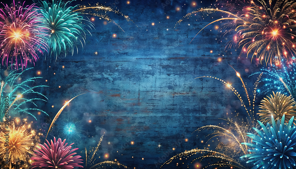 Fototapeta premium Colorful New Year Fireworks Celebration Background with Festive Copy Space