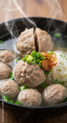 Delicious Indonesian Meatball Soup with Fresh Herbs.