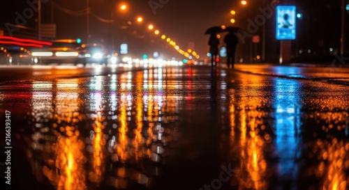 Nighttime City Reflections - Rain-Kissed Streets Illuminate.