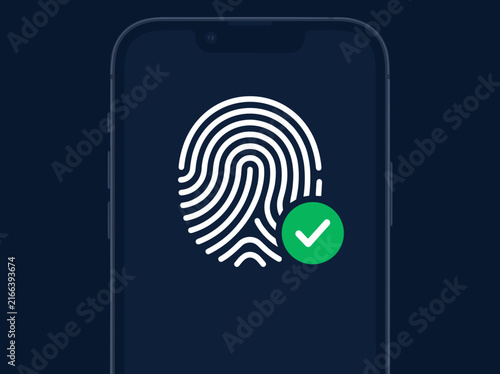 Biometric authentication on smartphone screen. Fingerprint and checkmark security concept. Minimalist vector illustration
