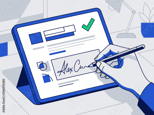 Digital signature on tablet screen. Electronic document and contract signing concept. Flat design vector illustration