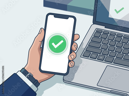 Hand holding smartphone with checkmark. Successful authentication and secure login concept. Flat design vector illustration