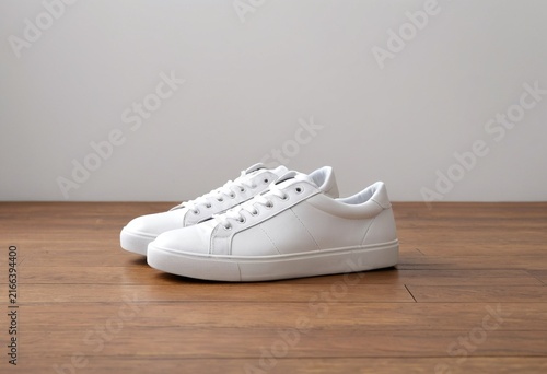 Pair of clean white leather sneakers on a wooden surface, minimalist fashion style