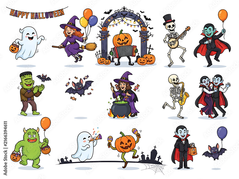 Fototapeta premium Colorful halloween characters and decorations vector illustration with ghosts witches and monsters