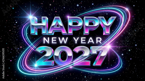 Neon styled new year 2027 typography with orbital rings and a starry background