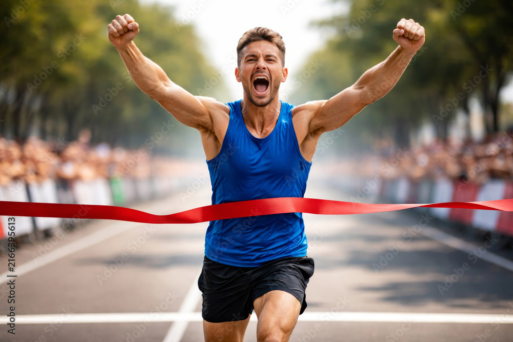 Fototapeta premium Man runner crossing red finish line with arms raised celebrating victory. Athlete winner achieving goal at marathon race on city street. Success accomplishment and motivation concept
