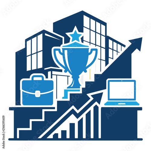 Business career development path with winning trophy briefcase and laptop concept vector illustration of success milestones.