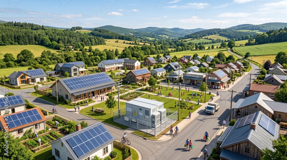 Fototapeta premium Aerial view of an eco-friendly neighborhood featuring solar panels, green spaces, and modern homes surrounded by nature.