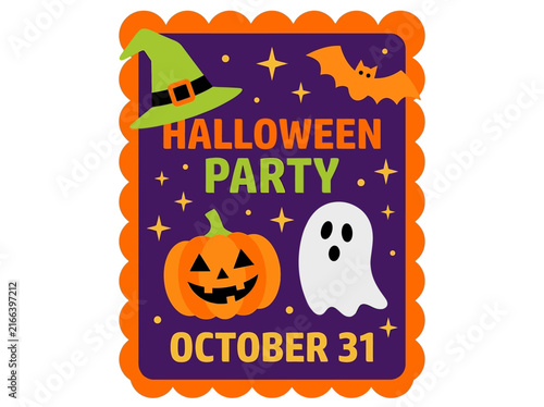 Halloween Party Invitation Poster with Pumpkin Ghost and Witch Hat Vector Illustration