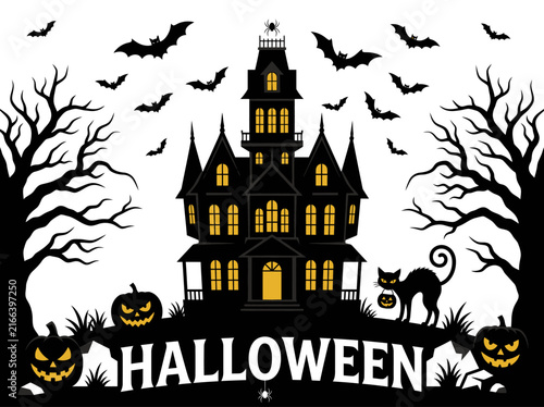 Spooky Halloween Haunted House Silhouette with Bats, Black Cat, and Jack-o-Lanterns