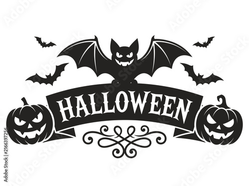 Halloween Silhouette Banner with Spooky Bat and Jack-o'-Lantern Pumpkins