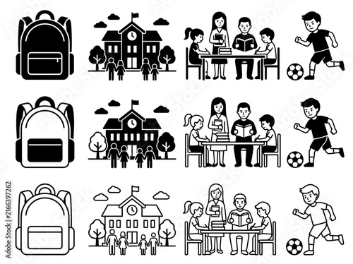 School Life and Education Icon Set - Backpack, Building, Classroom, and Sports Vectors
