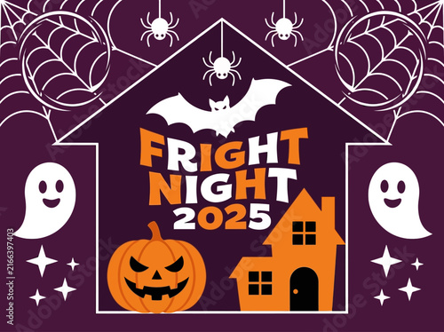 Halloween Fright Night 2025 Illustration with Ghosts, Pumpkin, and Haunted House