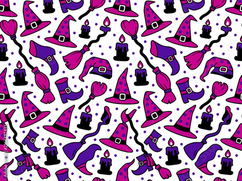 Seamless Halloween Pattern with Witch Hats, Brooms, Boots, and Candles in Pink and Purple Doodle Style