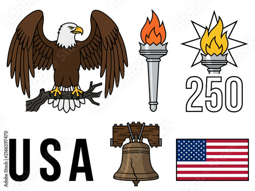USA 250th Anniversary Patriotic Symbols Vector Set with Bald Eagle, Liberty Bell, and American Flag