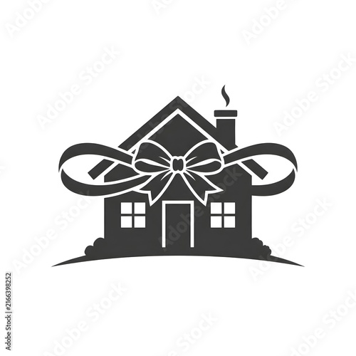 Black house silhouette icon tied with large ribbon bow gift isolated on white background png