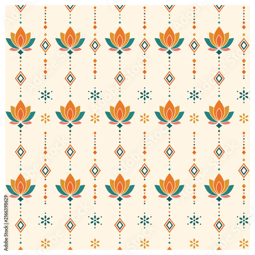 Vector Illustration of Seamless Indian or Pakistani Lotus Floral Pattern with Geometric Motifs, Traditional Textile Decorative Design in Orange, Teal and Coral