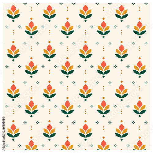 Vector Illustration of Modern Indian Pakistani Floral Textile Pattern with Lotus Motifs, Ethnic Geometric Ornaments and South Asian Traditional Design - Textile Design