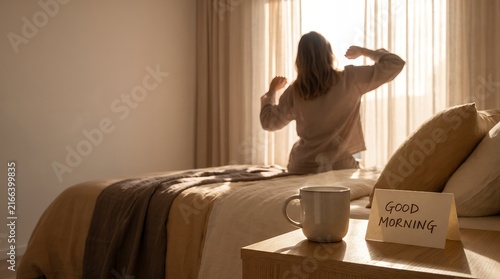 Warm Cinematic Woman Waking Up Stretching In Bedroom Lifestyle Concept