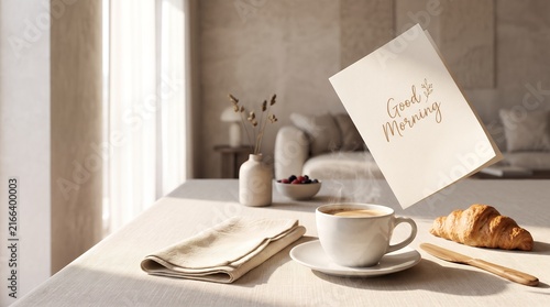 Minimalist Good Morning Greeting Card With Coffee And Croissant Interior Decor