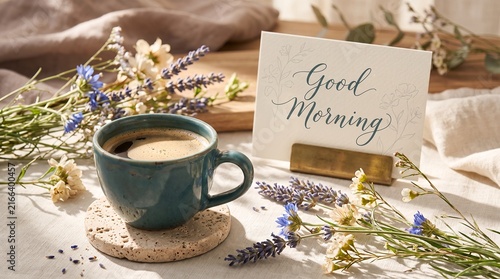 Rustic Aesthetic Morning Coffee Cup with Greeting Card and Wildflowers
