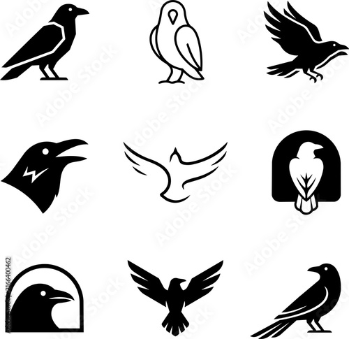 Quadro su tela Crow logo set with conceptual words, black minimalist vector icons