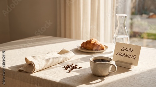Minimalist Morning Coffee Breakfast Setting With Croissant And Note Food And Drink