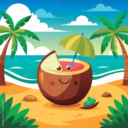 Cute coconut cocktail on a sunny beach.