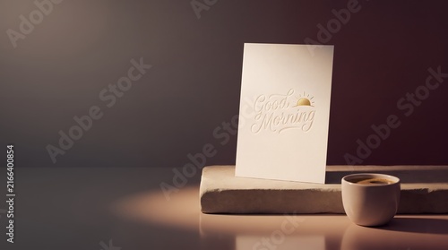 Minimalist Cardboard Good Morning Greeting Sign With Coffee Cup Mockup